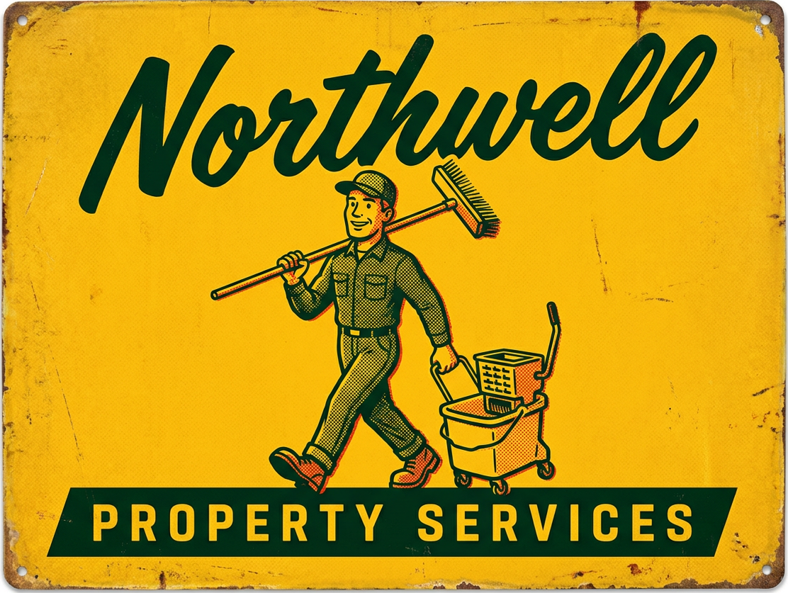Vintage enamel sign for Northwell Property Services, with the company's cleaning mascot carrying a broom and mop bucket
