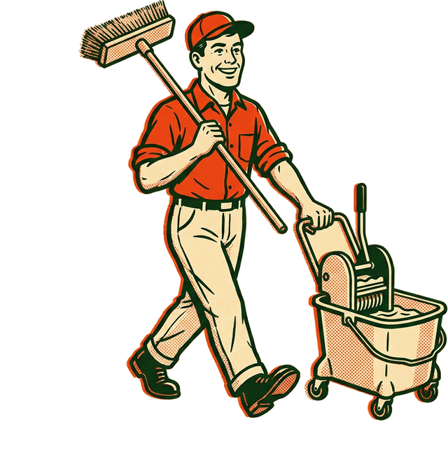 Northwell's cleaning mascot with a broom over one shoulder and a mop bucket in hand